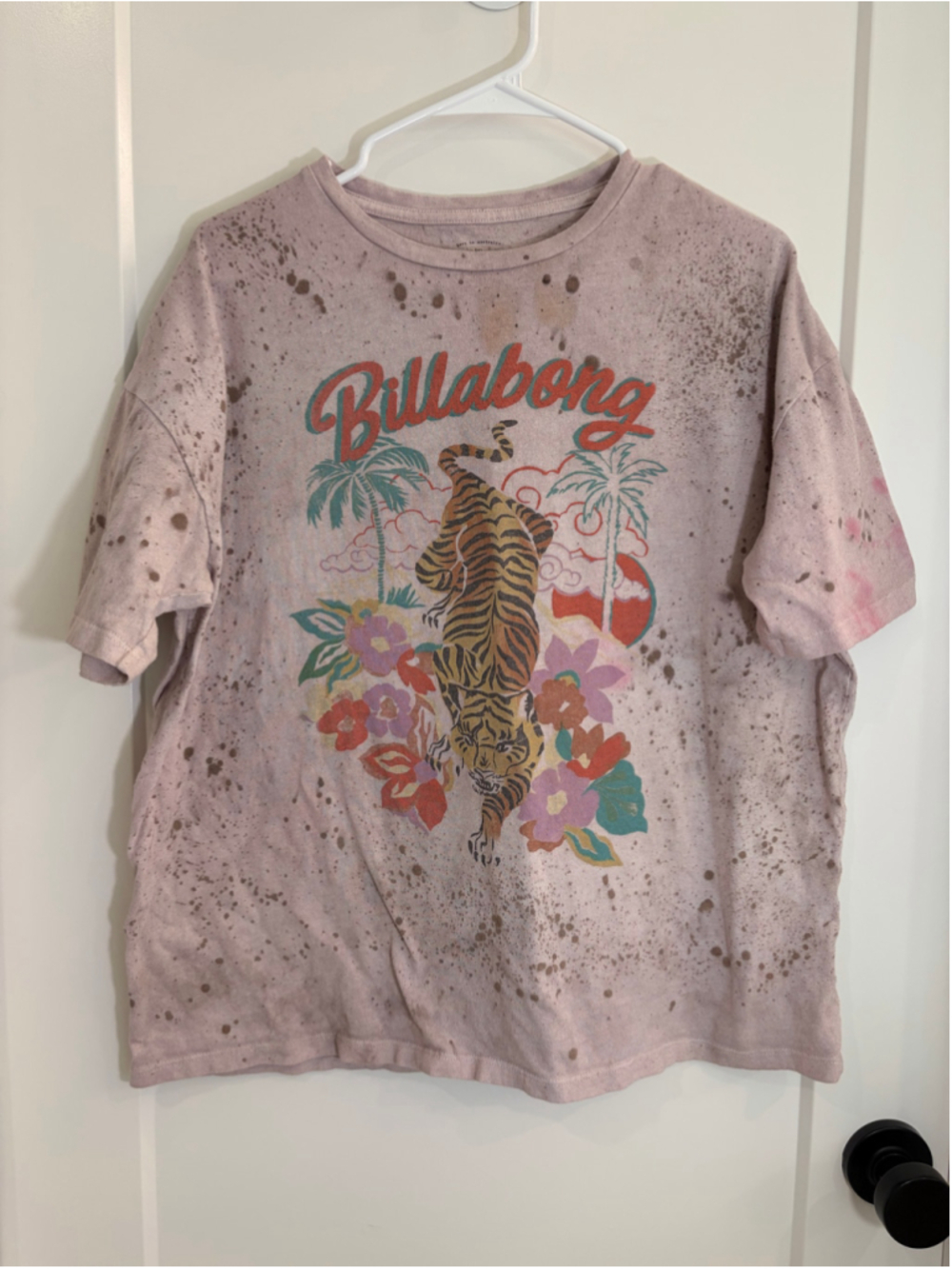 Women's Billabong Tiger Floral Custom Bleach Splatter Dyed T-Shirt Medium